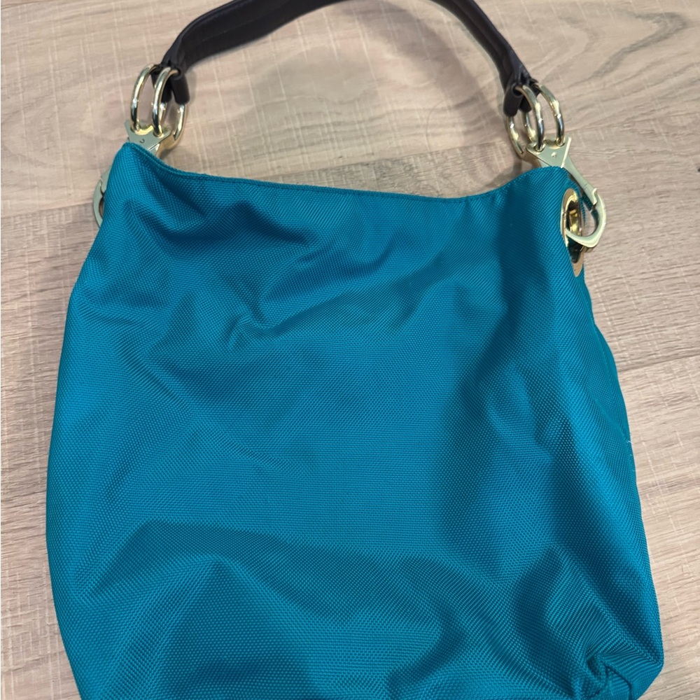 Blue Satchel with Gold Hardware and Soft Fabric